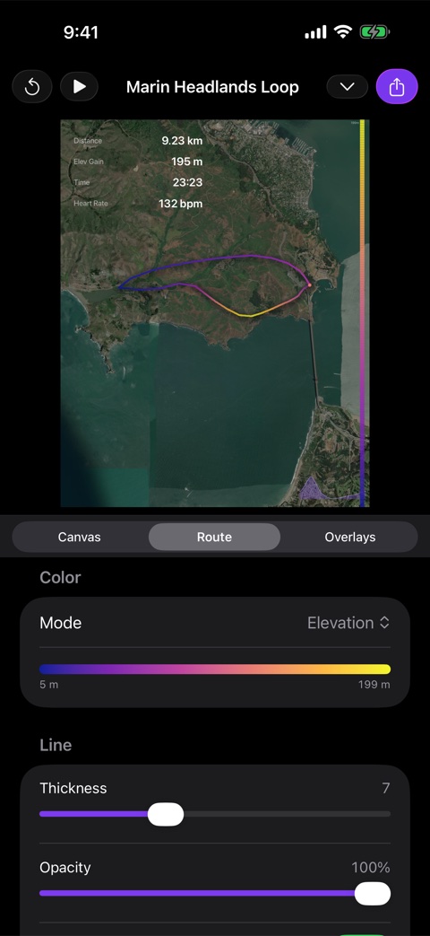Route styling controls showing elevation colour mode with a gradient legend, thickness and opacity