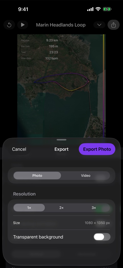 Export sheet with photo and video options, resolution multipliers and a transparent background toggle