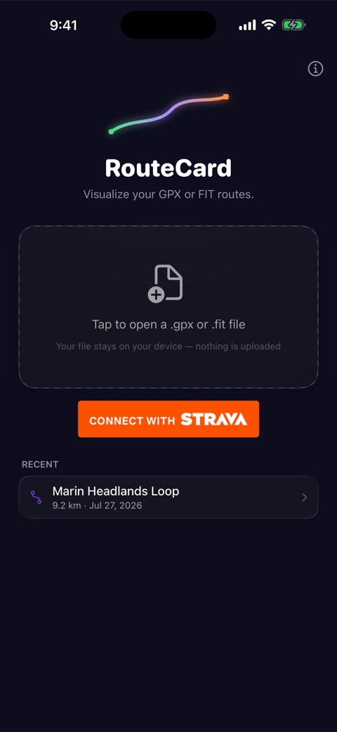 Import screen with a GPX and FIT drop zone, a Connect with Strava button, and recent routes